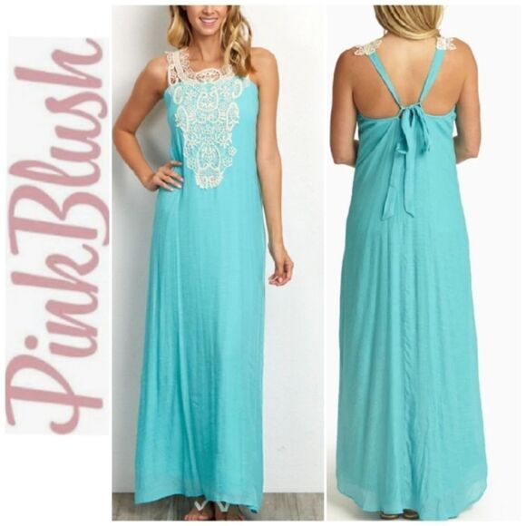 Pink Blush Crochet Detail Aqua Sleeveless Maxi Dress - Picture 2 of 14